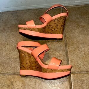 Gianni Bini Open-toe Pink and Cork Wedge Heels 4.5 in.